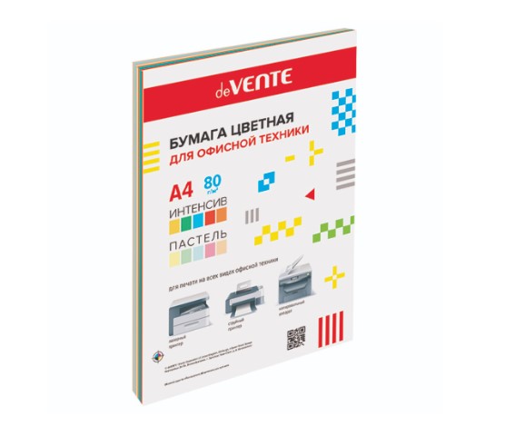 Бумага цветная для офисной техники 'deVENTE', А4 , 20 листов, 80 г;м2, 10 цветов ассорти, 2072256