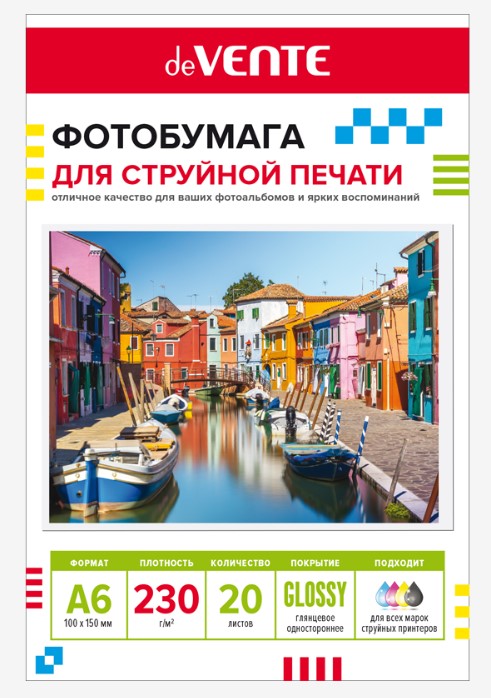 Фотобумага для струйной печати, deVENTE, А6, 20 л, 230 г;м2, глянцевая, односторонняя, 2042414