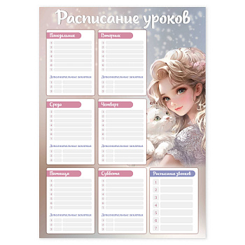 Расписание уроков А3, БЛОНДИНКА С КОТЕНКОМ,мелованный картон, выборочный УФ-лак, 68844